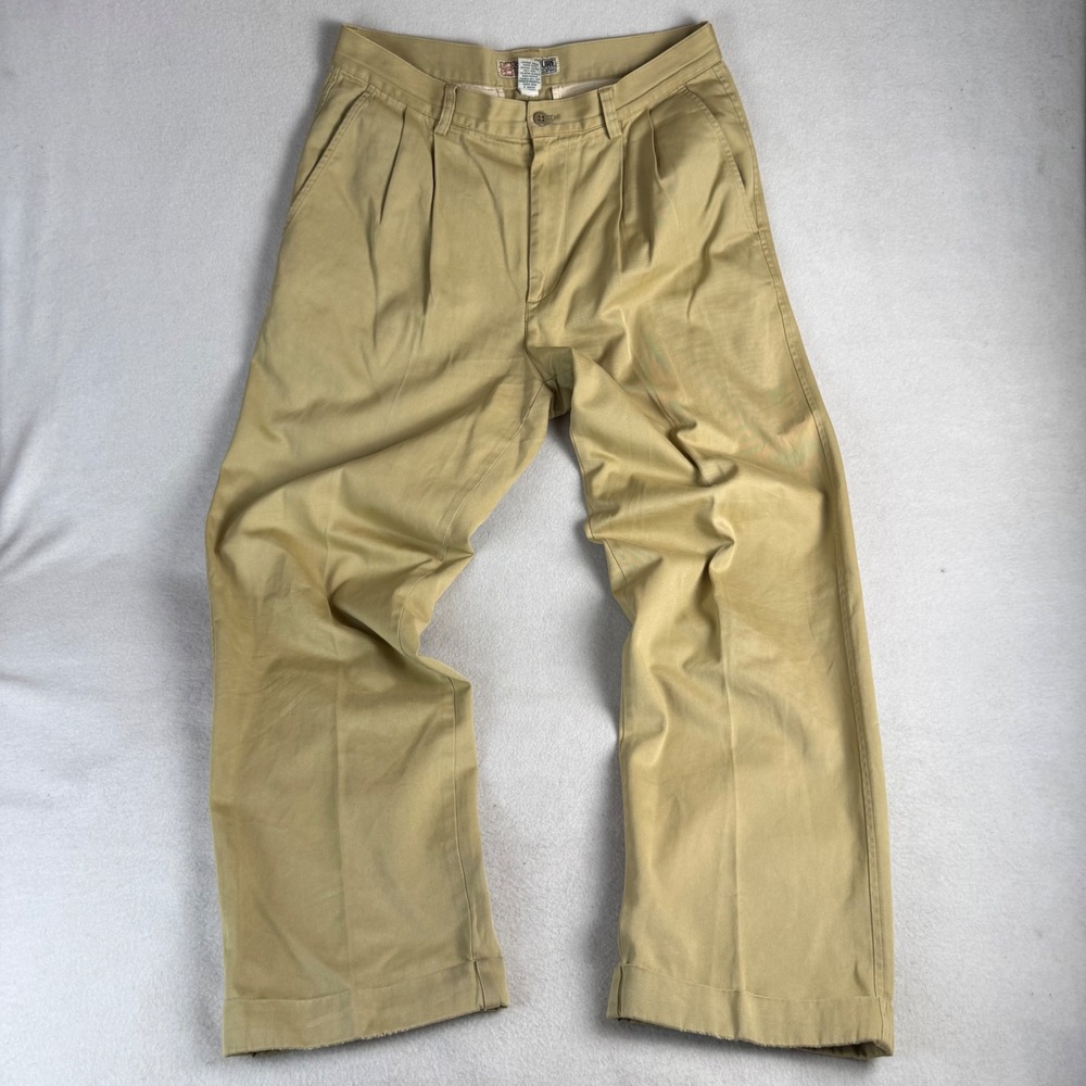 Structure Mens Tan Pleated Chino Pants Cotton Relaxed Fit Khaki Trousers 34x32